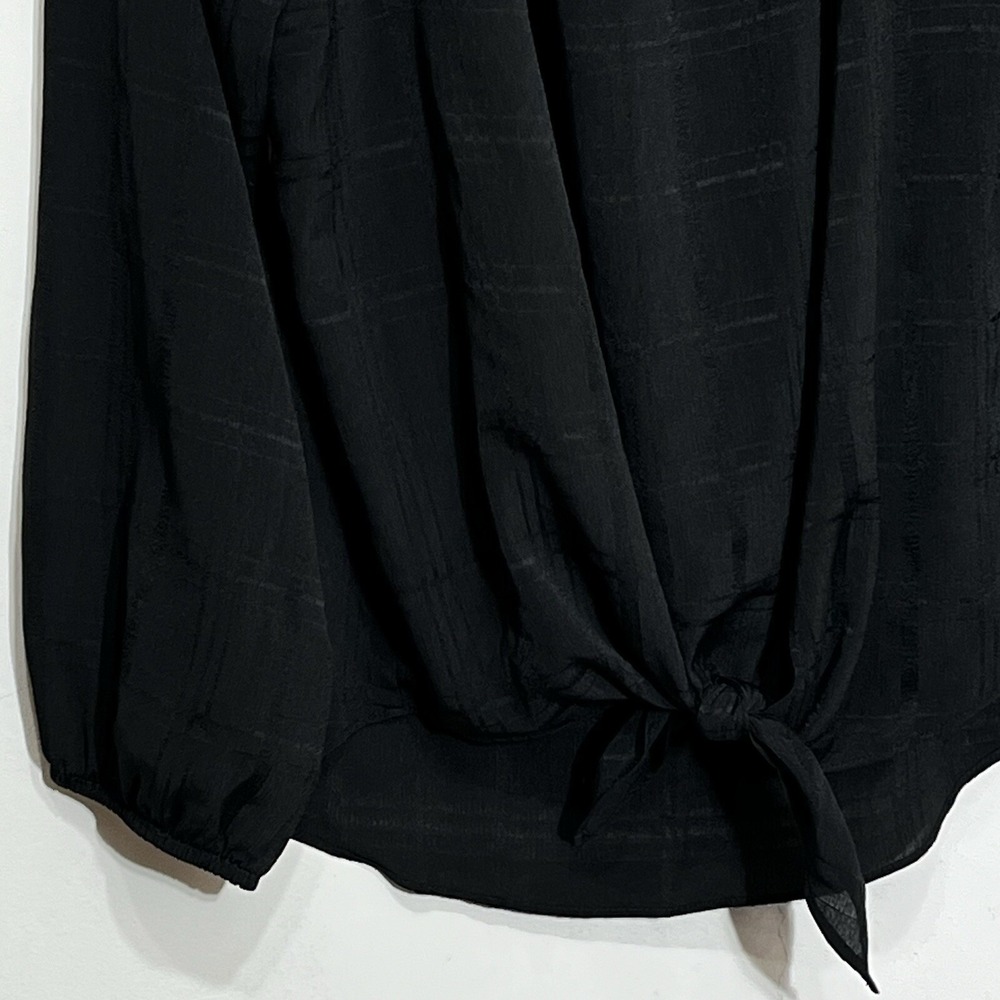 New Directions Black Textured Plaid Tie Front‎ Long Sleeve Blouse Top XL - Picture 4 of 8